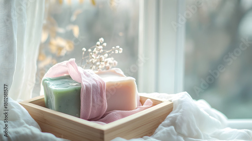 Pink bath beauty care with soap and towel, and sweet dessert wedding cake with candles
