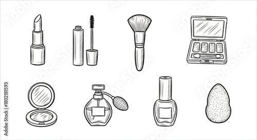 Black and white hand drawn makeup set with lipstick, mascara, brushes, and perfume