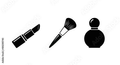 Elegant silhouette of beauty essentials: lipstick, brush, perfume bottle on white background