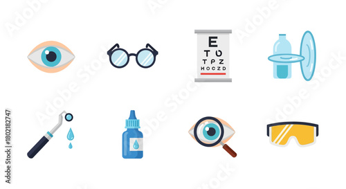 Colorful eye care icons featuring glasses and optometry tools