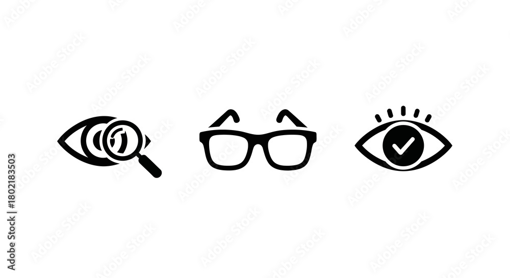 Obraz premium Vision elements: magnifying glass, eyeglasses, and eye with checkmark icons