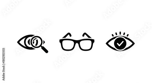 Vision elements: magnifying glass, eyeglasses, and eye with checkmark icons