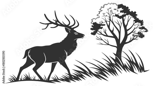 Silhouette Deer in Wilderness: A striking silhouette of a majestic deer strides confidently through a serene wilderness setting, alongside a solitary tree.