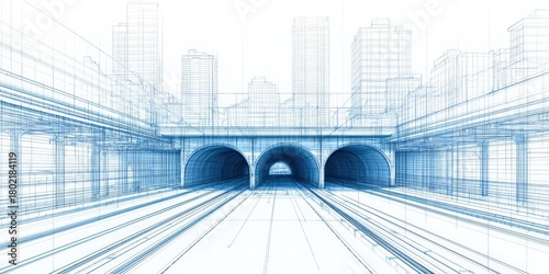 Construction infrastructure tunnel blueprint concept. Blueprint of a city tunnel with surrounding buildings.