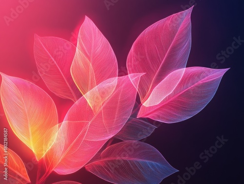 Luminous AI-Generated Foliage: Abstract Glowing Leaves with Intricate Veins in Vibrant Pink, Orange, and Blue Tones on a Dark Gradient Background, Evoking Digital Nature's Beauty.