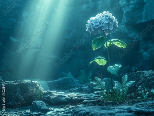 Mystical Blue Hydrangea Blossom Illuminated by Shimmering Light Rays in a Subterranean Grotto: A Vision of Serenity and Hidden Natural Wonders Deep Within the Earth's Embrace
