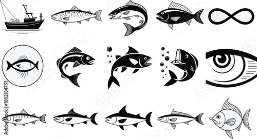 Vector fish icons collection with fishing boat, marine symbols, seafood illustrations, aquatic animals, underwater designs, ocean elements, stylized fish artwork
