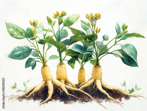Watercolor art: Thriving root plants, similar to ginseng, with vibrant green leaves, yellow flowers, and complex roots, growing from soil on white, representing natural health and herbal benefits.