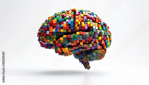 Abstract Brain Sculpture Composed of Colorful Cubes and Textured Detail
