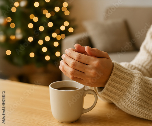 Close-Up of Hands and Mug Indoors on Cold Winter Day