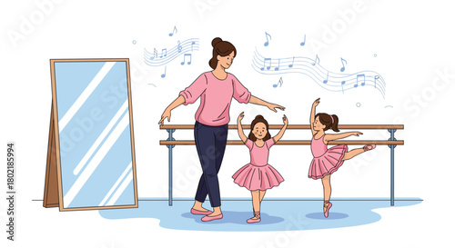 Ballet instructor guiding young students during a dance class in a studio with a barre and mirror, fostering creativity and physical activity.
