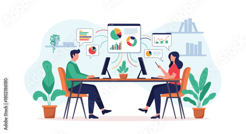 Two professionals collaborate at a modern office desk, analyzing data and charts on computer screens, fostering teamwork and a productive work environment.