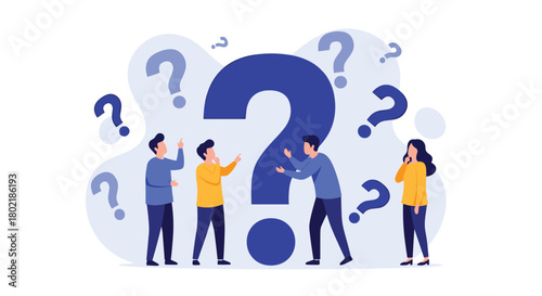 A diverse group of professionals collaboratively brainstorm ideas around a large question mark, symbolizing problem solving and uncertainty in a modern workplace.