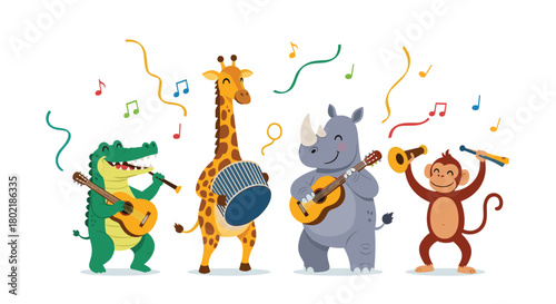 A cheerful animal band plays music together, featuring a crocodile with a guitar, a giraffe on drums, a rhino strumming, and a monkey with a trumpet.