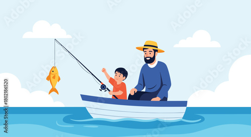 A heartwarming illustration depicts a father and son enjoying a peaceful fishing trip together on a calm blue lake under a cloudy sky.