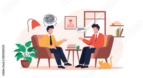 Two men are engaged in a therapy session, one expressing emotional distress while the other listens attentively in a comfortable setting.