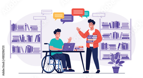 Two young men are having a friendly conversation in a library setting, one using a wheelchair and the other holding a stack of books.