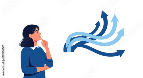 A woman contemplates multiple paths forward, symbolizing decision making, strategic planning, and future possibilities with directional arrows.