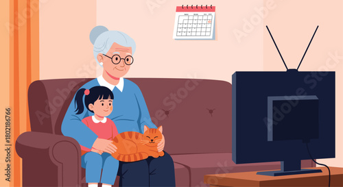 A heartwarming scene of a grandmother and granddaughter enjoying quality time together on the couch with their orange tabby cat, watching television.
