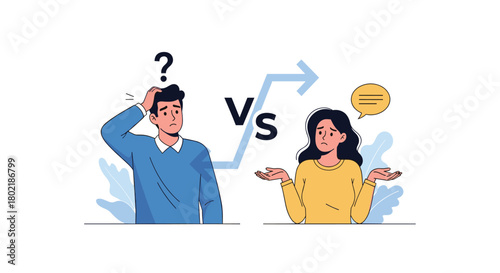 Confused couple facing opposing directions, symbolizing disagreement or decision-making challenges in a relationship or partnership.