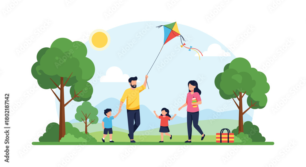 Fototapeta premium A happy family enjoys a sunny day at the park, flying a colorful kite together and creating lasting memories in a vibrant outdoor setting.
