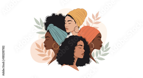 A beautiful illustration depicting the diverse faces of Black women, showcasing various hairstyles and headwraps, set against a soft botanical background.