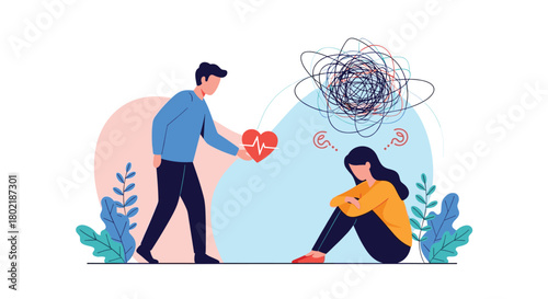 A man offers a heart to a woman struggling with emotional turmoil, representing support, empathy, and mental health challenges in a relationship.