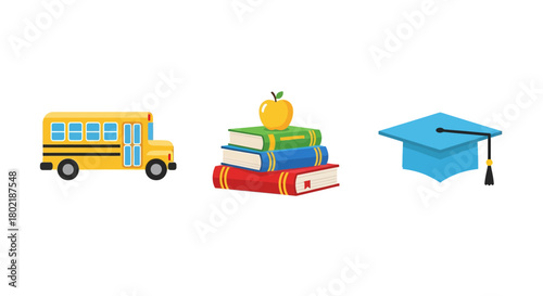 Colorful educational icons: school bus, stacked books, and graduation cap