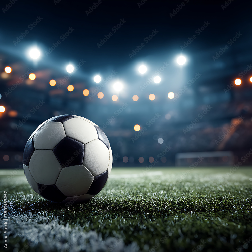 Fototapeta premium Close-up of a soccer ball on the center of the field under stadium floodlights, ready for kickoff.