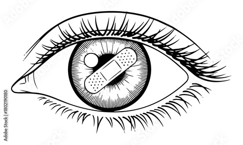 injured eye with bandage monochrome vector illustration