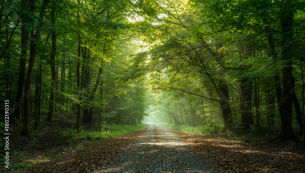 Fototapeta premium Sunlit Forest Pathway Invites Exploration and Reflection