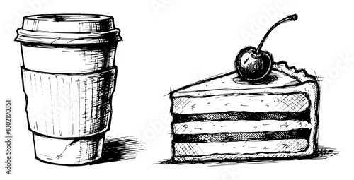 coffee cup and cake slice sketch illustration