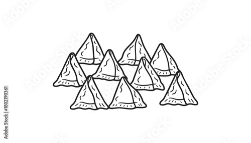 A group of samosas arranged together on a white background drawing