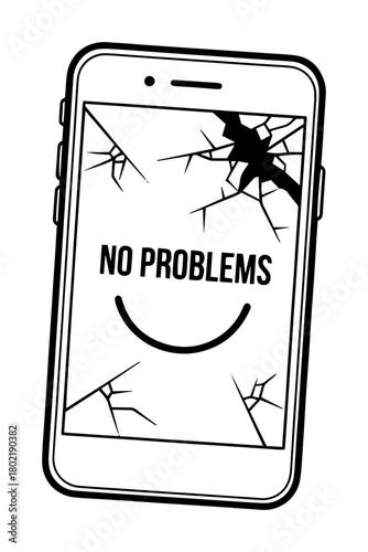 broken phone screen with no problems text irony vector