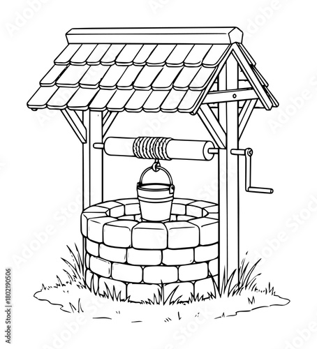 old stone water well with bucket sketch