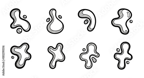Hand-drawn fluid ink blobs set in black and white doodle style