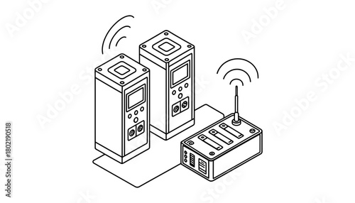Illustration of two wireless cameras and a remote control device