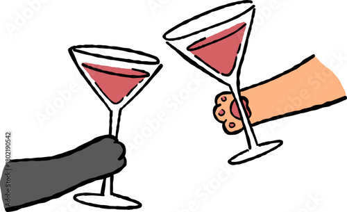 Hand Drawn Cat Holding Champagne, Wine Glass