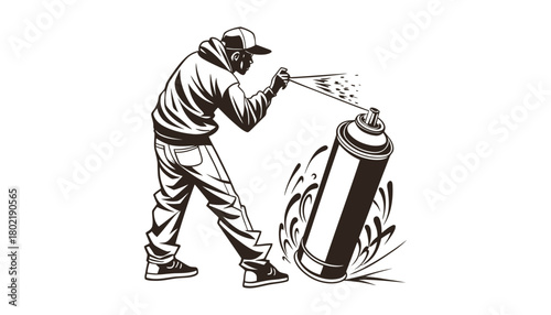 A man in a hoodie spraying graffiti from a large spray paint can art