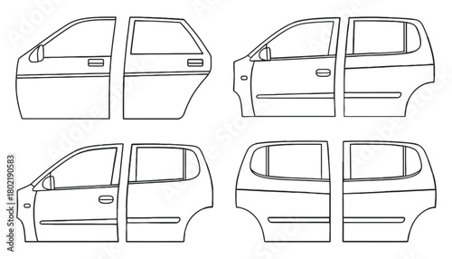 Outlines of car doors arranged into four distinct configurations