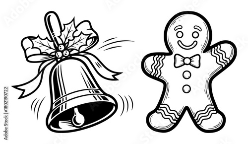 christmas jingle bell and gingerbread man cartoon vector set