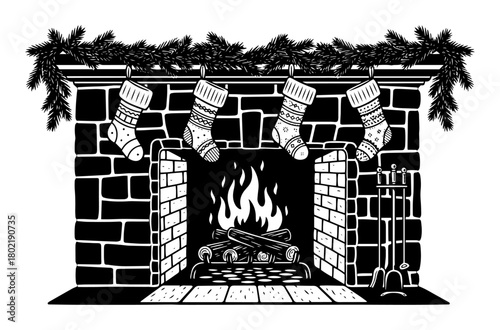 cozy christmas fireplace with stockings vintage illustration