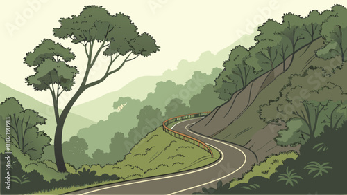 Illustration of a winding road through a lush green landscape with trees and distant mountains view scenic