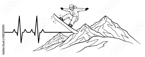 snowboarding heartbeat line over mountains vector illustration