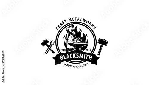 Craft metalworks blacksmith logo with hammer and anvil illustration
