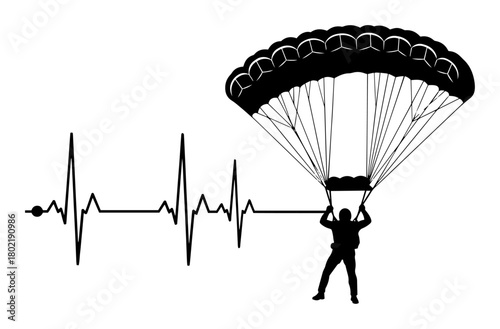 skydiving heartbeat ecg line with parachutist silhouette vector