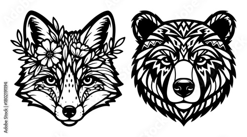 decorative fox and bear heads zentangle vector set
