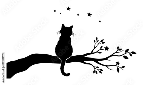 cat silhouette on a branch watching stars vector