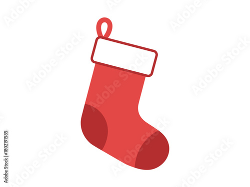 A red Christmas stocking with a white cuff hangs suspended against a plain white background, symbolizing festive holidays.
