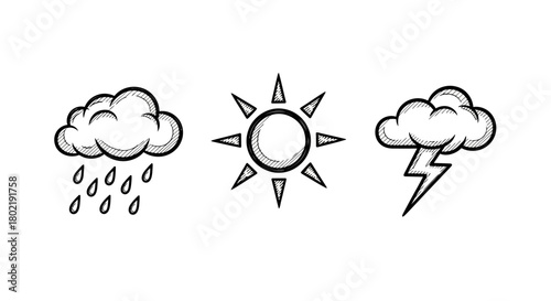 Hand drawn weather icons: sun, rain, and thunder in sketch style